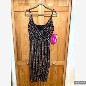 Betsey Johnson Rainbow Stripe Sequin Shimmer Cocktail Wrap Midi Dress, Size 12
